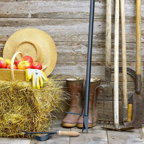 Stand Up Weeder And Weed Puller Set 40 Inch With Foot Pedal Hand Weeder And Garden Gloves with boots and apple basket