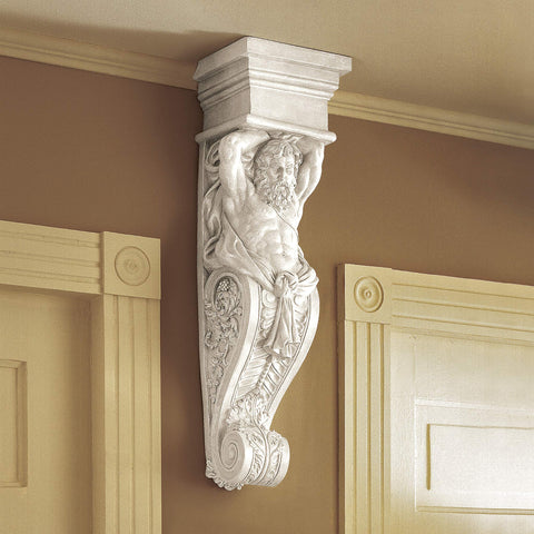 Telamon Wall Sculpture In Antique Stone Finish, Hand Cast With Real Crushed Stone, Durable Resin Wall Decor For Indoor Or Outdoor Spaces