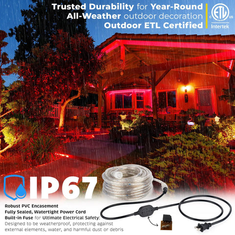 Red Outdoor Rope Lights 100 Feet With 1116 LEDs, Waterproof 360 Degree Omnidirectional Illumination on patio at night