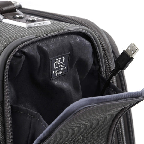 USB port and interior pocket of Underseat Spinner Tote With USB Port For Easy Travel 16 Inch Carry On Luggage In Vintage Grey