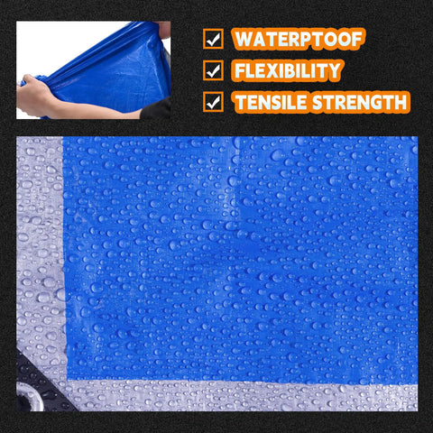 Blue Silver 4x4 Feet Waterproof Tarp Pack Of 2 with visible water droplets on blue tarp surface and text highlighting features.