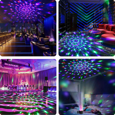 Disco Ball Party Lights With Remote Sound Activated RGB Seven Color Strobe DJ Lights For Home Parties Dance Rooms And Clubs Perfect For Weddings Xmas Birthdays And Show Stopper Vibes Two Pack in various settings
