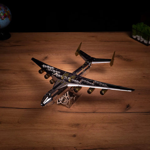 Antonov Mriya AN-225 Exclusive Edition Mechanical Model Kit on wooden table, top view.