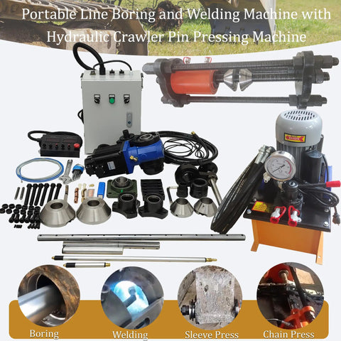Bull Gauge Portable 110V 2 In 1 Hydraulic Line Boring And Welding Combo With 70 Ton Crawler Pin Press showing tools and machine components.
