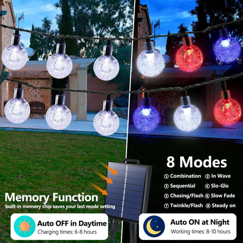 Red White Blue Solar String Lights 39Ft With 60 LEDs Waterproof Patio Lights For Independence Day Garden Yard Gazebo Party Featuring Eight Lighting Modes Solar Powered Auto On At Dusk Weatherproof Durable Outdoor Decor