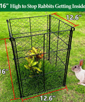 4 Pack Plant Protectors From Animals, DIY Garden Cages With 1 Inch Mesh For Vegetables, Shrubs And New Plants, Chicken Wire Barrier Keeps Rabbits And Chipmunks Out, 16 Panels, Easy Assembly, showing assembled cage with rabbit outside.