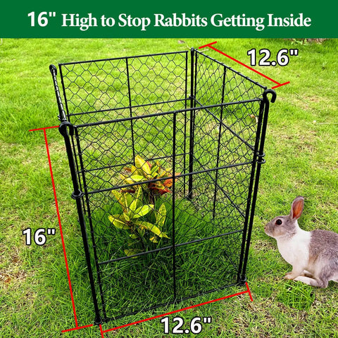 4 Pack Plant Protectors From Animals, DIY Garden Cages With 1 Inch Mesh For Vegetables, Shrubs And New Plants, Chicken Wire Barrier Keeps Rabbits And Chipmunks Out, 16 Panels, Easy Assembly, showing assembled cage with rabbit outside.
