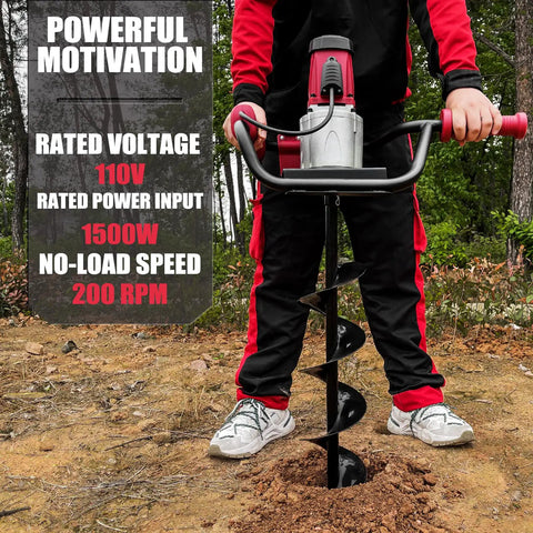 Powerful 1500W Electric Post Hole Digger With 6 Inch Auger Bit for Fence Posts, user holding ergonomic handle outdoors
