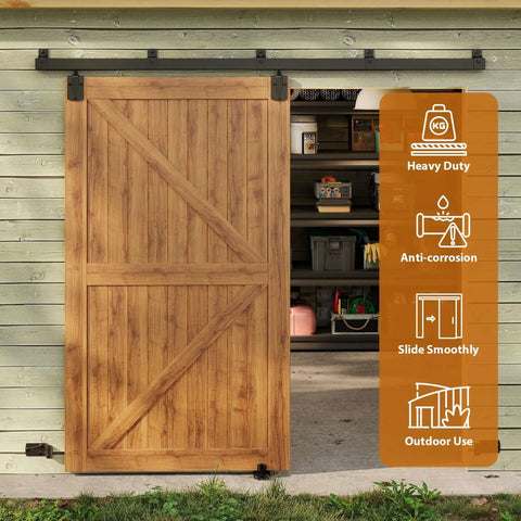 Wooden barn door on wall mount track system, highlighting Outdoor 8Ft Sliding Barn Door Hardware Kit Box Rail Track System Beefy 450Lb Capacity.