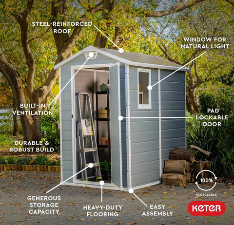 4x6 Resin Outdoor Storage Shed Kit Built Tough For Patio Furniture Garden Tools Bikes Beach Chairs And Lawn Mowers Gray And White Weather Resistant Easy Assembly With Durable Resin Construction.