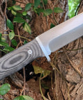 Survival Knife For Camping And Bushcraft With 14.5 cm Drop Point Blade In Stainless MOVA 1.4116 Black Micarta Handle Leather Sheath