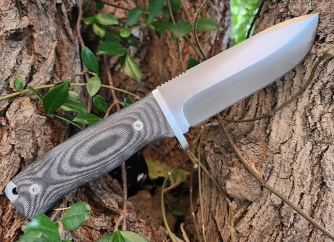 Survival Knife For Camping And Bushcraft With 14.5 cm Drop Point Blade In Stainless MOVA 1.4116 Black Micarta Handle Leather Sheath
