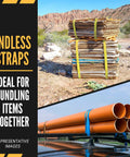 Endless Ratchet Straps 2 Inch Wide by 20 Foot Long Hookless 4 Pack Black, 3,333 Lbs Working Load Limit securing bundled materials