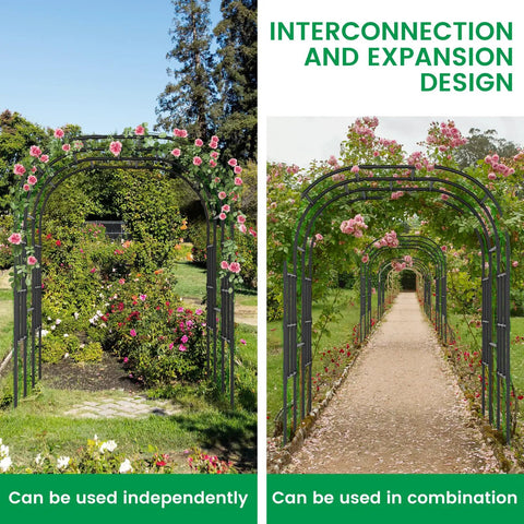 87 Inch Tall Garden Arch Trellis For Climbing Plants Outdoor Black Plastic Coated Metal Cucumber Arbor Arch For Lawn Patio Backyard Decoration And Yard Ready Sturdy Plant Support, shown as single and connected arches with blooming flowers