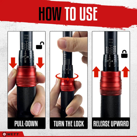 Instructions showing how to adjust the 11 Piece Torque Wrench Set With Half Inch, Three Eighths Inch And Quarter Inch Drives.