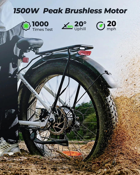 Rear view of Beast 1500W Electric Fat Bike For Adults With Full Suspension And Hydraulic Brakes, tire on sandy trail.