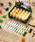 24 Dino Eggs Dig Kit For Kids With Magnifier And Excavation Tools display with dinosaur figures and accessories on sand