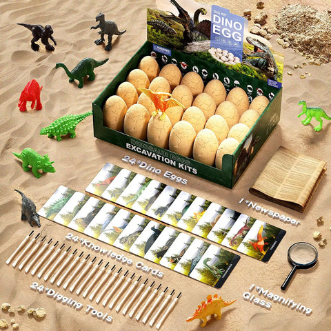 24 Dino Eggs Dig Kit For Kids With Magnifier And Excavation Tools display with dinosaur figures and accessories on sand