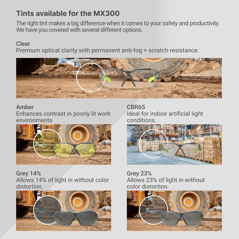 Various tint options for MX300 Safety Glasses With Anti Fog Lenses ANSI Z87 Plus 100 Percent UV Protection CBR65 Blue Light Blocking Lenses