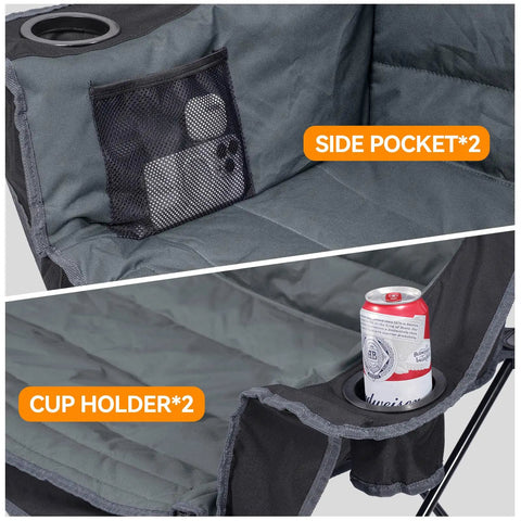 Close-up of Three Person Folding Camping Chair Couch With Padded Comfort Oversized Outdoor Loveseat Heavy Duty Frame Two Cup Holders