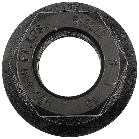 Close-up of Universal M22 1.50 Wheel Lug Nut, 33mm Hex, 30.48mm Length, black, top view showing markings
