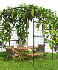 Tall 88 Inch Garden Arch Trellis For Climbing Plants Outdoor Metal Archway That Looks Boss, grapevine-covered with table and chairs