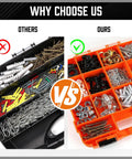 Comparison of messy hardware box vs organized Double Sided 34 Compartment Parts Organizer With Removable Dividers 2 Pack Heavy Duty Storage Case