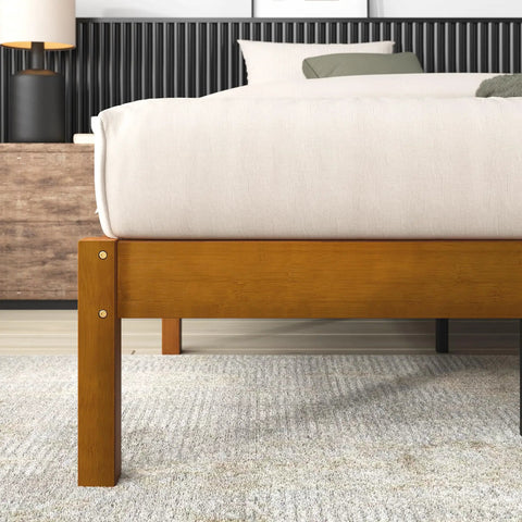 Heavy Duty 14 Inch Bamboo Platform Bed Frame Twin Size With No Box Spring Needed Zero Sweat Setup showing sturdy bamboo base and mattress.