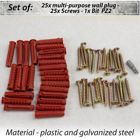 25 Dowel Fixing Kit With Nylon Collars Diameter 8x40 mm, 25 Yellow Wood Screws Diameter 5x40 mm, And PZ2 Quarter Inch Bit