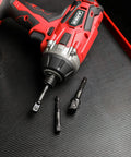 10-Piece 1/4 Inch Drive 3 Inch Impact Grade Socket Adapters Set with impact drill on black surface