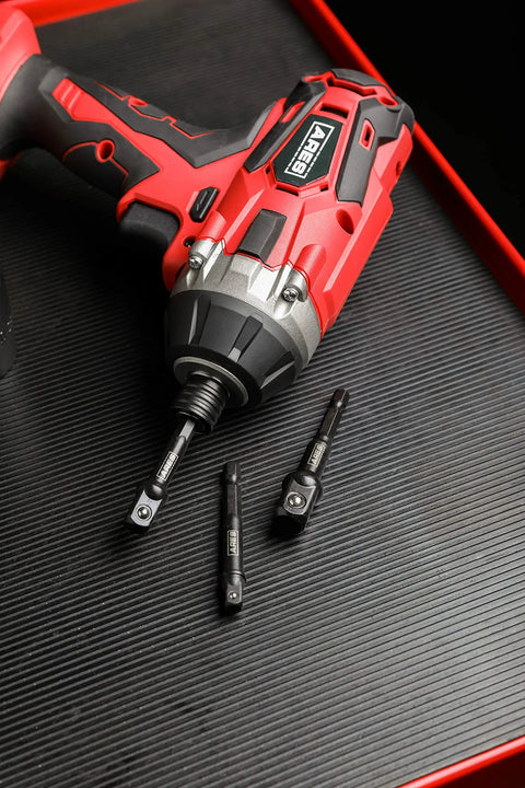 10-Piece 1/4 Inch Drive 3 Inch Impact Grade Socket Adapters Set with impact drill on black surface