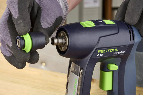 Quick Change Centrotec Chuck For Drills Lightweight And Compact Design being attached to Festool drill