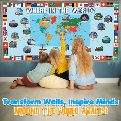Three children looking at Total 63 Piece World Geography Set For Classrooms And Home with map and country's icons on a wall.