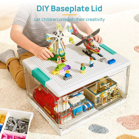 Child playing with 24 Qt Plastic Storage Box With Building Baseplate Lid And Removable Tray All In One Craft Organizer