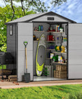 6x6 Ft Plastic Outdoor Storage Shed With Transparent Roof No Hassle Setup Resin Shed With Lockable Floor And Double Doors For Your Backyard Garden Patio Or Lawn showcasing organized tools and gear inside.