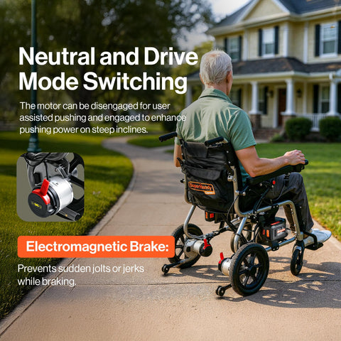 GoRide electric wheelchair by SuperHandy, lightweight foldable power chair with electromagnetic brake, side view
