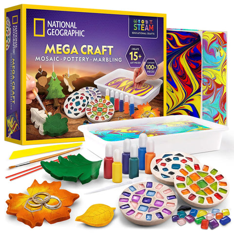 Kid-Friendly Arts And Crafts And Gross Science Kit Bundle For Kids With Mosaic Art Marble Painting Air Dry Pottery Projects And 45 Hands-On Experiments For Creative STEM Learning Fun. Mega craft kit with mosaic tiles and marbling tray