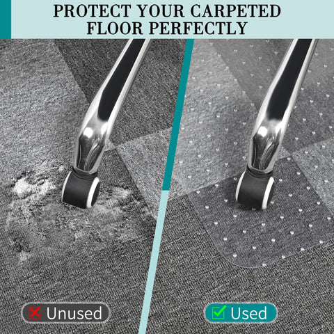 Comparison of carpet wear with and without Clear Carpet Chair Mat For Low Carpeted Floors Thick 2.2mm Protector With Easy Glide And Flat Surface Office Desk Chair Mat To Shield Carpets From Rolling Casters 30 By 48 Inches.