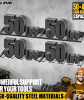 Power Tool Organizer Wall Mount Rack, 14 Drill Holder, heavy duty metal shelves showcasing weight capacity.