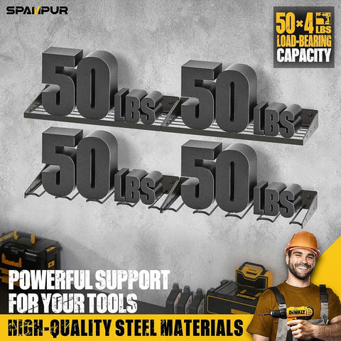 Power Tool Organizer Wall Mount Rack, 14 Drill Holder, heavy duty metal shelves showcasing weight capacity.