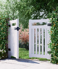 Heavy Duty 304 Stainless Steel Self Locking Gate Latch Hardware Two Sets With Top Notch Frosted Black Finish Rust Proof And Built Like A Tank For Slick Quick Install On Any Backyard Fence Or Driveway Entry - Open white fence gate with black hinges, surrounded by greenery.