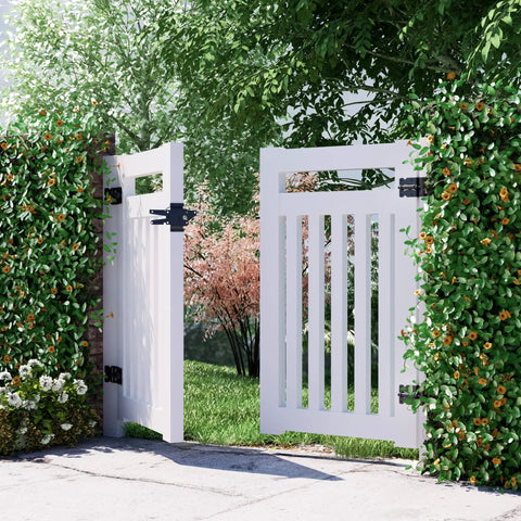 Heavy Duty 304 Stainless Steel Self Locking Gate Latch Hardware Two Sets With Top Notch Frosted Black Finish Rust Proof And Built Like A Tank For Slick Quick Install On Any Backyard Fence Or Driveway Entry - Open white fence gate with black hinges, surrounded by greenery.
