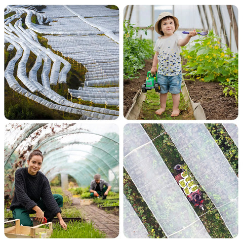Collage of garden images with Insect And Bird Barrier Garden Netting 20 X 10 Feet Easy Cut Plant Cover installed over plants.