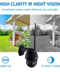 Outdoor Security Camera 1080P HD WiFi Pan Tilt 360 View With Night Vision And Two Way Audio IP65 Weatherproof Motion Detection Alerts Easy Setup Cloud Service And Alexa Compatible Mobile App showing color and infrared night vision split view.