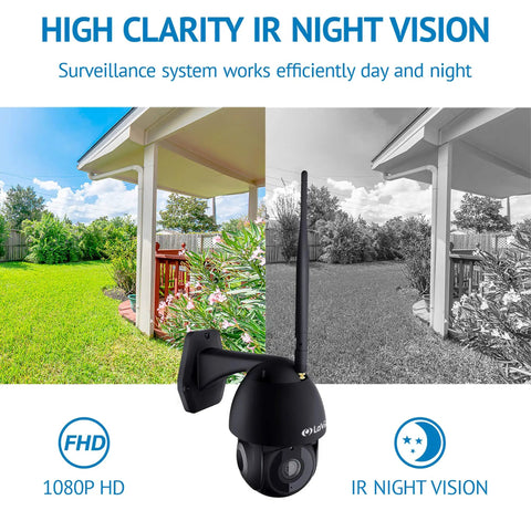 Outdoor Security Camera 1080P HD WiFi Pan Tilt 360 View With Night Vision And Two Way Audio IP65 Weatherproof Motion Detection Alerts Easy Setup Cloud Service And Alexa Compatible Mobile App showing color and infrared night vision split view.