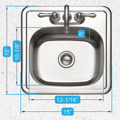 Top view of Stainless Steel Bar And Prep Sink For Home Bar And Kitchen, 15 Inch Drop-In Topmount, 2-Hole Design dimensions shown