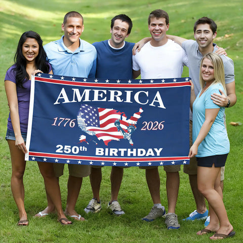 Group holding Totally All American 250th Anniversary Flag 3x5 Ft Double Sided Three Layer Fabric We The People 1776 2026