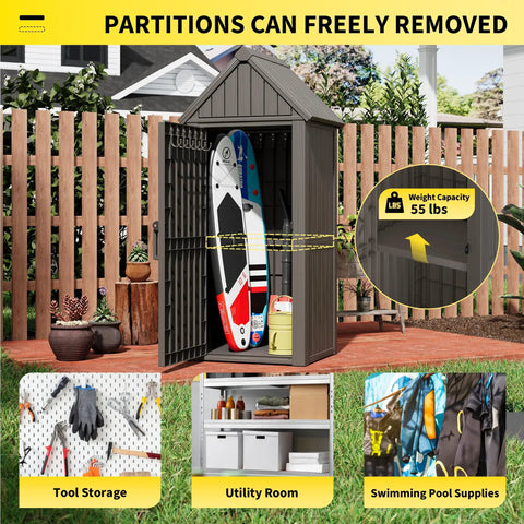 All Weather Outdoor Resin Storage Cabinet With Removable Shelves Lock Ring And Reinforced Floor in garden setting