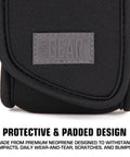 Close-up of neoprene fabric on vape pen travel case belt bag with belt loop and carabiner clip, featuring sturdy stitching.