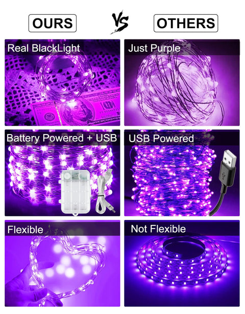 Battery Operated UV Black Light String Lights With 50 LEDs, 16.5 Ft Flexible Fairy Lights, 8 Modes, USB Powered Option, Great For Fluorescent Body Paint, Parties, Stage Show And Halloween Decor